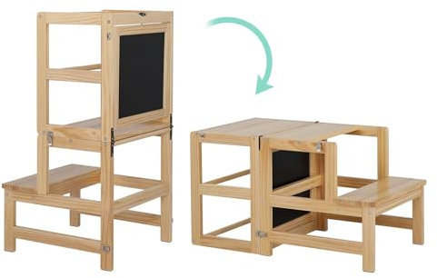 LEADZM Montessori Lernturm ab 18 Monaten - Lernstuhl für Kinder aus Massivholz, Klappbarer Lernturm, 3-in-1 Küchenhelfer mit Whiteboard, rutschfeste Matte (Küche/Bad) Natur