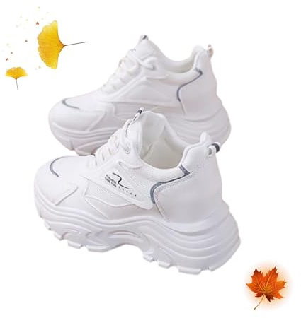 POIOZXD Scarpe da ginnastica da donna, alla moda, con zeppa, alla moda, con zeppa, con lacci, comode, casual, da passeggio (bianco, 39EU)