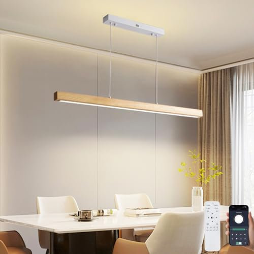 LED Legno Lampadario Cucina, Tavoli da Pranzo Lampada a Sospensione Dimmerabile Interni, Telecomando & App Controllo,Design Moderno, Temperatura Colore/Luminosità/Altezza Regolabili,L120CM/48W