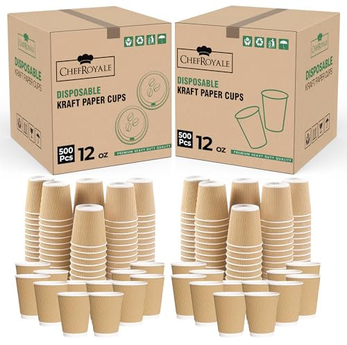 CHEF ROYALE 500x 12oz - Premium Kraft Triple Walled Disposable Coffee Cups Without Lids Paper Ripple Cups