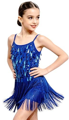 LOLANTA Dansdräkt för flickor, paljett, frans, barn, Salsa Rumba latin, dansande kläder, set, glittrande ärmlös tofs, dans, miniklänning med shorts