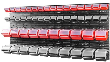 Sistema de almacenamiento de pared, 1585 x 775 mm, 52 unidades, cajas apilables, cajas apilables, cajas con tapa, placas de pared extrafuertes, estantería ampliable, estantería de taller, estantería