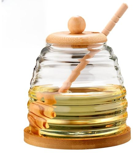 Gohytal Lawei Honigglas mit Löffel und Deckel 300ml Glas, Honigtopf mit Löffel, Honigspender, Honigglas mit Honiglöffel, Honigglas mit Holzdeckel, versiegelter Glasbehälter, Weithals-Honigvorratsglas