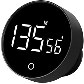 Qumox - Temporizador digital F7 con botón giratorio, volumen ajustable, base magnética, batería recargable, cronómetro y cuenta regresiva para cocina, oficina, estudio, color negro