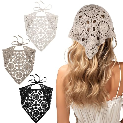 Kifmurase 3 Pcs Crochet Bandanas Headbands, Crochet Headband Knitted Triangle Head Hair Scarf, Vintage Knit Lace Floral Hollow Kerchief Hairband for Hair Styling Accessories Decor (Beige/Black/Gray)