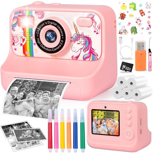 ZZXLOPEZ Appareil Photo Instantané Enfant, 1080P Appareil Photo Numérique Enfant avec Carte de 32GB, Papier d'impression, 2.4 Pouces Appareil Photo Enfants, Cadeau pour Filles Garçons de 3-12 Ans
