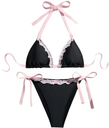 WDIRARA Women's Plus Size Lace Trim Halter Bikini Set Triangle String Swimsuit 2 Piece Bathing Suit Black and Pink 3X-Large Plus