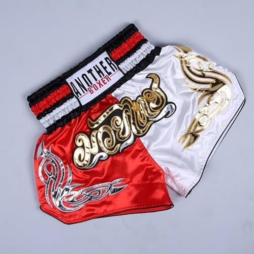 Durashmall Pantaloncini da Muay Thai, unisex, per muay thai, boxe, MMA, kickboxing, combattimento, in poliestere traspirante, elastico in vita, attrezzi da allenamento (M rosso + bianco)