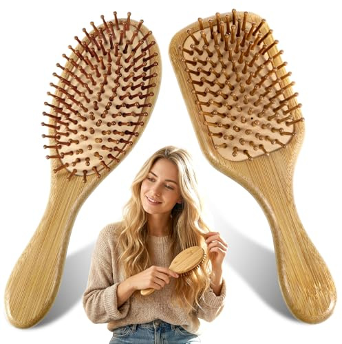 ElevateTech Set di spazzole per capelli in bambù (ovale e quadrata), spazzola in legno naturale, spazzola per capelli da uomo, setole di bambù, per capelli secchi, spessi e sottili, lisci, manico