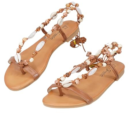 JOMIX Sandali da Donna Gladiatore con Conchiglie e Perline, Infradito con Lacci alla Caviglia, Scarpe Estive Bohemien per la Spiaggia e il Tempo Libero WFF260403 (Marrone, 37)