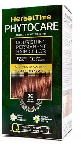 Herbal Time Phytocare Permanent Haarfärbung, Farbe Warmes Kupfer 7C | Professionelles Naturhaarfarbe Kit | Pflegt und schützt dein Haar | Ohne Ammoniak, PPD und SLS | 124,5 ml