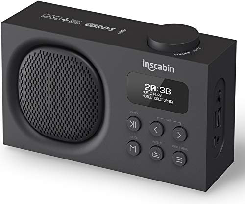 Inscabin P2 Tragbarer DAB/DAB + FM-Digitalradio/Tragbarer drahtloser Lautsprecher mit Bluetooth/Schönes Design/Doppelwecker(Schwarz)