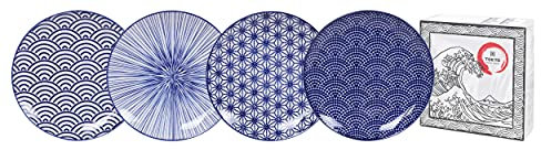 TOKYO design studio Nippon Blue 4-er Teller-Set blau-weiß, Ø 25,7 cm, ca. 3 cm hoch, asiatisches Porzellan, Japanisches Design mit geometrischen Mustern
