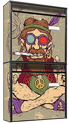 banjado Briefkastenanlage 2 Fach - 2 Briefkästen 36x64x10cm groß - Doppelbriefkasten Set - Namensschild, 2 Schlüssel, Montagematerial - Stahl verzinkt schwarz - Motiv Peace