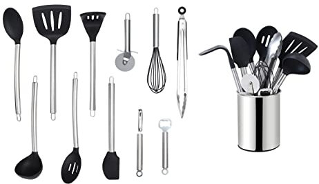 Echtwerk Küchenuntensilien, 12-teiliges Küchenhelfer-Set, Küchenzubehör, Kochbesteck mit Edelstahlgriff, Kochset mit Utensilienhalter, Kochzubehör, Antihaft Silikon Haushaltshelfer, Silber-Edition