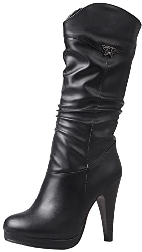 Lroey Reoly Bottes Mi-Mollet à Talon Aiguille Femme, Bottes Habillées Talons Hauts Bout Rond Boots A Enfiler 131 Noir Taille 39 EU