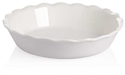 Sweejar Home Ceramic Pie Dish, 26cm Round Baking Pan With Soft Wave Edge for Oven, Non-Stick Plate for Apple, Pumpkin, Pot Pies (White)