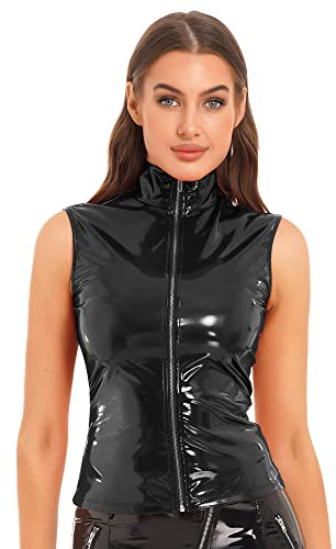 iEFiEL Damer glänsande crop top läderutseende linne kvinnor korsett bh topp kort ärmlös skjorta klubbkläder gogo kostym rave party, W svart, L