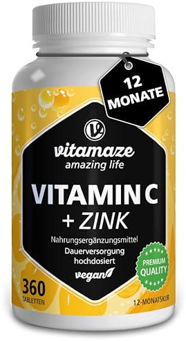 Vitamin C hochdosiert 1000 mg + Zink, 360 Tabletten für 1 Jahr, vegan & optimal bioverfügbar, Natürliche Nahrungsergänzung ohne unnötige Zusatzstoffe, Made in Germany