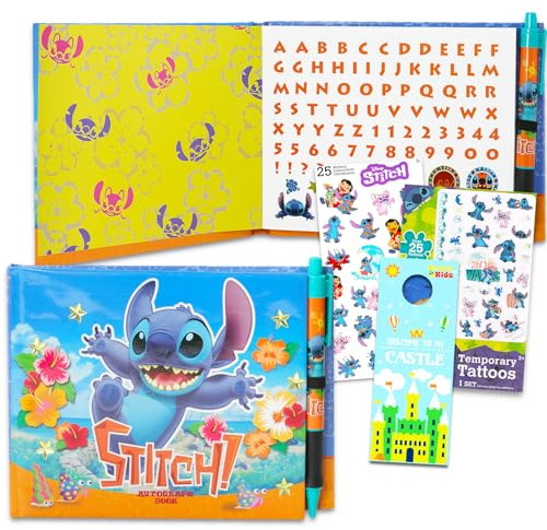 Disney Stitch Autograph Book for Kids - Bundle with 50 Page Lilo and Stitch Signature Book with Pen Plus Stickers, Tattoos, More | land Autograph Book