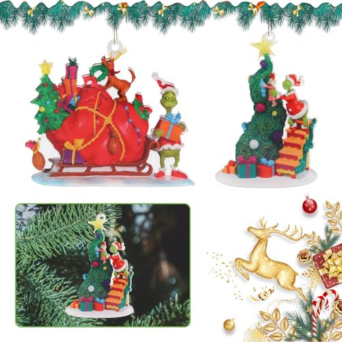 SPERMUOY Grin-ch Deko Weihnachtsdekorationen,2 Stück Grin-ch Deko Weihnachtsbaumschmuck 2D Acryl Weihnachtsanhänger,Lustige Grün Grin-ch Weihnachtsdekoration Anhänger für Home Party Dekoration