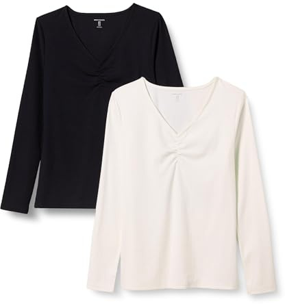 Amazon Essentials Camiseta Ajustada de Manga Larga de Punto Trenzado con Cuello de Pico ceñido Mujer, Pack de 2, Cáscara de Huevo/Negro, XS