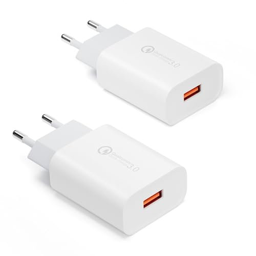 2-Pack Cargador USB, Cargador de Pared USB-A Quick Charge 3.0 18W 3A Enchufe para Samsung Galaxy S7 S8 S9 S10 S20 S21 S22 S23 A13 A20e A51/Note 8/9/10, iPhone, Huawei, Xiaomi, LG, Teléfono Móvil