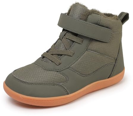 SECHRITE Toddler Kids Wide Barefoot Winter Boots High Top Girls Boys Warm Snow Boots Fur Lined Waterproof Non-Slip Minimalist Wide Toe Box Zero Drop Boots Ankle Booties Naturally Splay Army Green 25