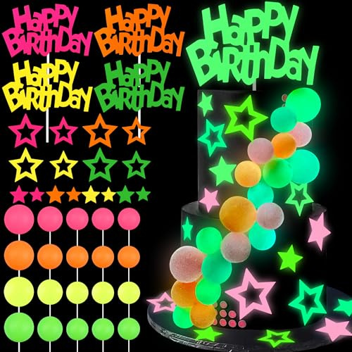 40 PCS Glow Cake Topper Set with Ball Star and Happy Birthday Toppers Party Decorations for Neon Cakes Black Light Party Supplies in 4 Colors