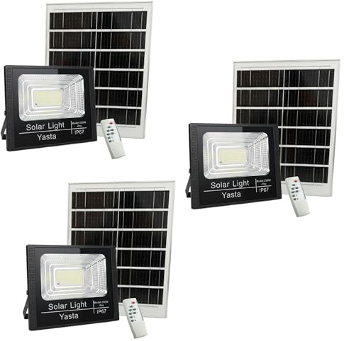 YASTA 3 Pezzi Faro Led da Esterno Con Pannello Solare 200W PRO Faretto Luce Fredda Alta Luminosità Crepuscolare Da Giardino Proiettore Impermeabile IP67 Con Telecomando 6500K