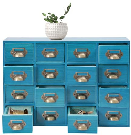 Dekltus Armario farmacéutico vintage con 16 cajones de madera con 4 niveles, 50 x 10 x 35 cm, para especias, medicamentos, joyas, color azul