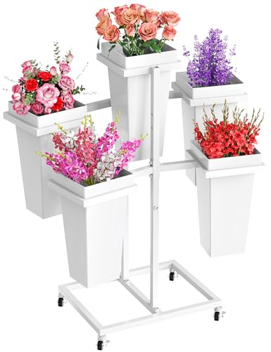 Asee'm Flower Display Stand with 5 Square Buckets Multi-tiered Metal White Flower Cart Stand with Wheels Moving Plant Stand Bar Shelf Flower Holder for Indoor Outdoor Patio Garden Florist Wedding