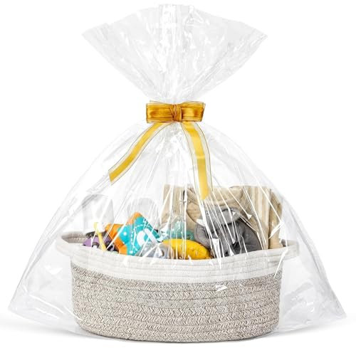 Hiseng Panier Cadeau Vide, Panier de Rangement Tissé en Corde Coton avec Sachet en Cellophane et Ruban, Panier Pliable avec Poignées pour Cadeaux de NoëL, Fleurs, Serviettes (Marron,1)