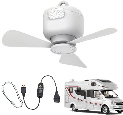 Kustimantu Ventilador De Techo Portátil - Ligero y Suspendable | Ventilador de Techo USB 3 Velocidades Ajustable para Porche, Tienda, Autocaravana, Pérgola, Exterior, Mirador, Habitación, Terraza