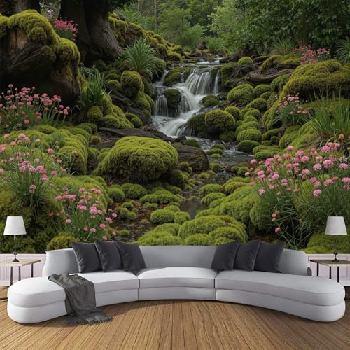 Papel Tapiz Fotográfico 3D Láminas Musgo Rocas Y Vegetación 200 × 140 cm Papel Pintado Panorámico, Murales Decoración Pared Paisajes Bosque Natural Para Cuarto De Niño, Salón, Oficina - Verde Bosque