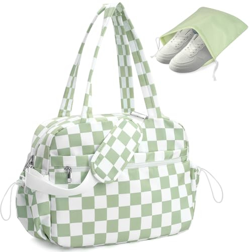 Outplea Borsa sportiva a quadretti, da 20 l, da donna, con scomparto umido e scomparto per scarpe, borsa per yoga, sauna, fitness, nuoto, lavoro, verde e bianco