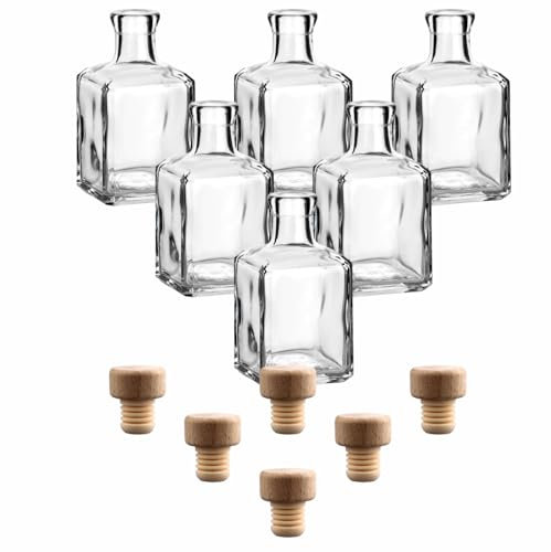 gouveo 6er Set Glasflasche 250 ml Cube mit Holzgriffkorken - Schöne Flasche 0,25 l zum Befüllen - Eckiges Fläschchen für Likör, Gin, Schnaps, Öl, Vase (CFET250HGK)