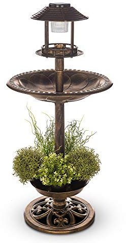 PETLICITY Bird Bath and Feeder Station – Ornamental Brass Effect Bird Table with Built-in Solar Light, Large Planter Base and Feeding Bowl for Garden, Patio or Outdoor Lawn Decor