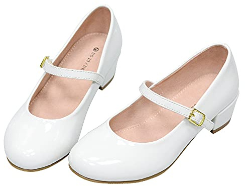 WIKENCY Girls Dress Shoes-Mary Jane Shoes for Girls, Princess Wedding Party Flower Girl School Shoes Low Heel Flats for Little/Big Kids White 1 US Big Kid