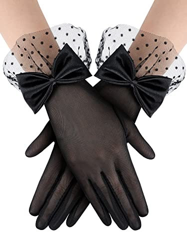 Bencailor Damen Spitzen Handschuhe Hochzeit Party Kurze Ball Elegante Handschuhe mit Schleife für Sonnenschutz Trauerfeier(Schwarz)