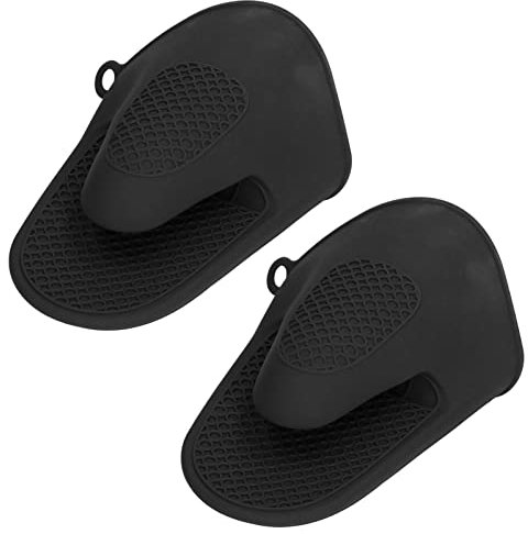2 Stück Silikon Ofenhandschuhe, Hitzebeständige Kochhandschuhe, Verdickte Mini Ofenhandschuhe, Anti-Verbrühungs Kochhandschuhe, Topflappen für Küche, Kochen, Backen (Schwarz)