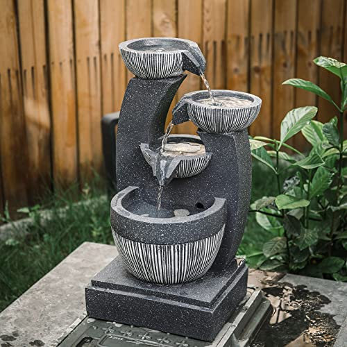 LQSSA Indoor/Outdoor Garden Water Fountain - Modern Decorative Cascade LED Light Fountain - Polyresin - 24x22x47cm - UK Plug