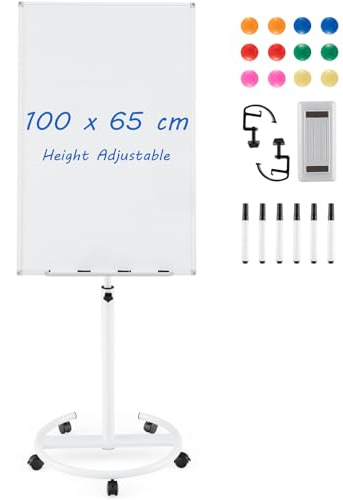CASART Flip Chart White Board, Height Adjustable Dry Erase Board with Stand, Eraser, Magnets & Paper Clips, 100 x 65 CM Mobile Magnetic Whiteboard for Home Office Classroom (White)
