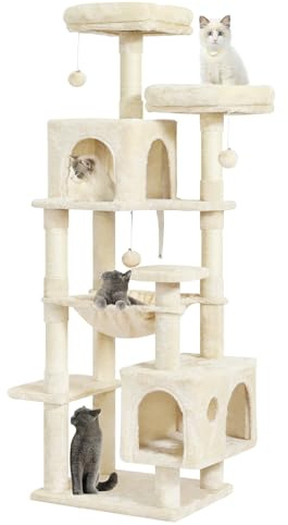 MSmask Kratzbaum groß, L Katzenbaum Stabil, Katzenkratzbaum mit 2 Plattformen, 2 Katzenhöhlen, Hängematte, Sisalsäulen, mehrstöckiger Kletterbaum für Katzen (Beige, 160 cm)