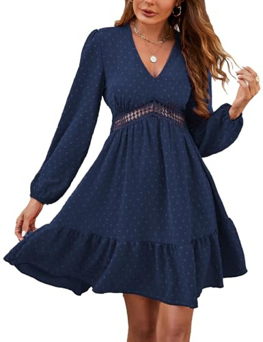 JENJON Mujer Vestidos Cuelle en V Manga Larga Cintura Alta Puntos Volantes Maxi Vestido Otoño Invierno C-Azul XL