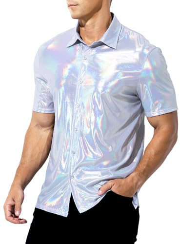 Casey Kevin Men's Short Sleeve Shirt Shiny Metallic Collared T-Shirt | Sparkly Nightclub Sexy Button Down Shirts Disco Rock Party Shirts Suit for Costumes, Cosplay, Casual, DJ, Stage, Halloween