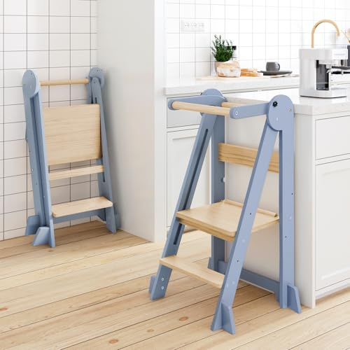 WeeGuruu Foldable Kitchen Tower, Height Adjustable Standing Tower for Toddlers Learning New Skills, Wooden Kids Kitchen Stool Helper with Safety Rails- Ages 18 Months to 6 Years-Grey