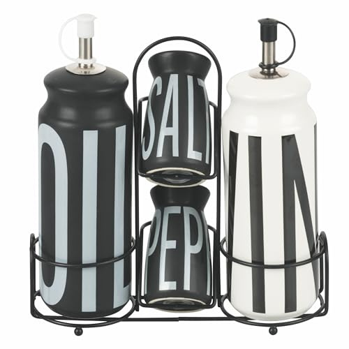 Villa d'Este Home Tivoli Juego de aceite, vinagre, sal y pimienta gres, soporte de acero inoxidable, negro, Bigismore