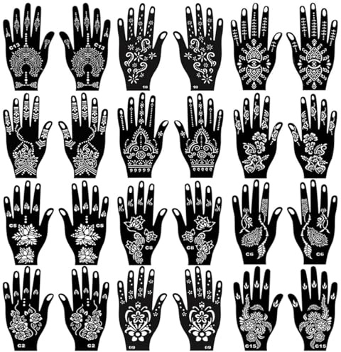 Henné Pochoirs de tatouage, 24 feuilles Pochoirs de henné réutilisables Pochoirs de tatouage temporaire pour femmes filles