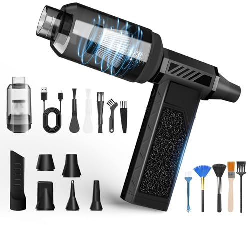 Cordless 2 in 1 Soffiatore Aria Compressa & Aspirapolvere per computer, 150000RPM Aria Compressa Elettrico con Batteria da 8000 mAh, 4 ingranaggi, Luce LED, Turbo Fan per la Pulizia del PC, Divano